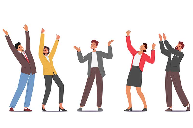Happy office employees with raised arms